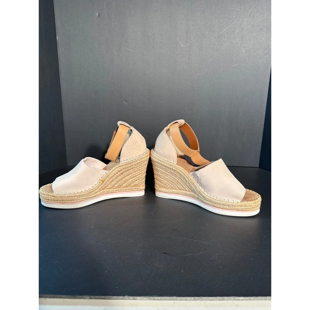 TOMS Monica Cream Suede Espadrille Wedge Sandals Tan Ankle Strap Womens 6